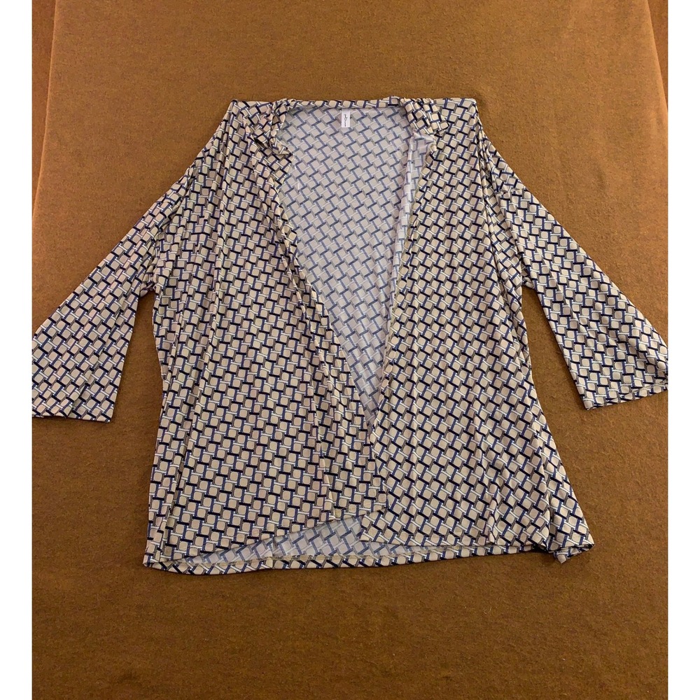 Goodtimeusa Womens 3X Blue Beige Geometric Print Open Front Cardigan Top New